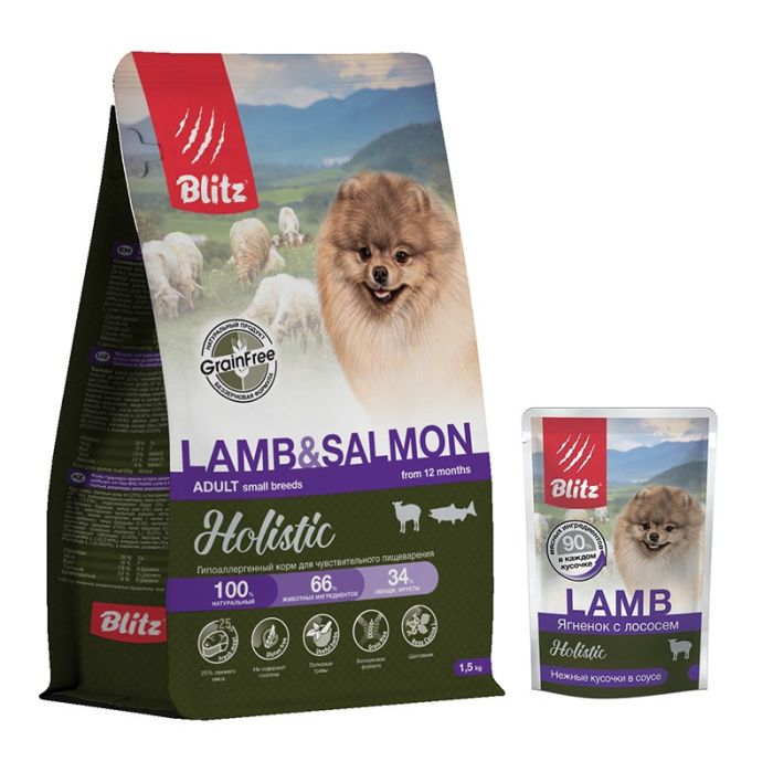 Блитц для взрослых собак мелких пород 1,5кг Ягненок Лосось +  Ягненок Лосось кусочки в соусе, корм консерв. полнорац. для СОБАК МЕЛКИХ пород всех возрастов/85гр/